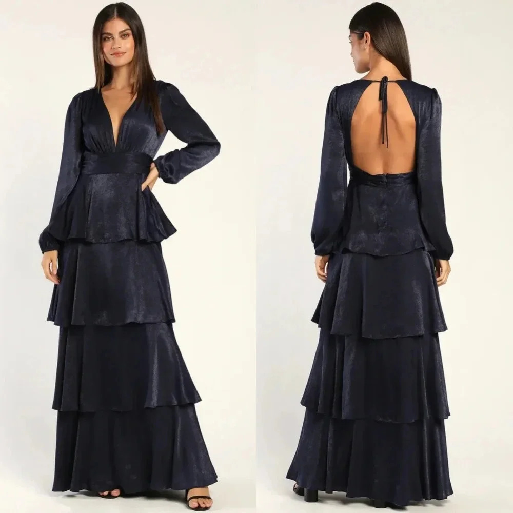 Lulus Tier For Love Navy Blue Satin Long Sleeve Tiered Maxi Dress Wedding